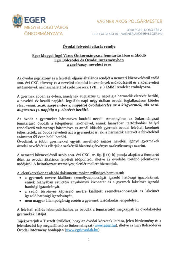 Óvodai felvételi eljárás rendje 