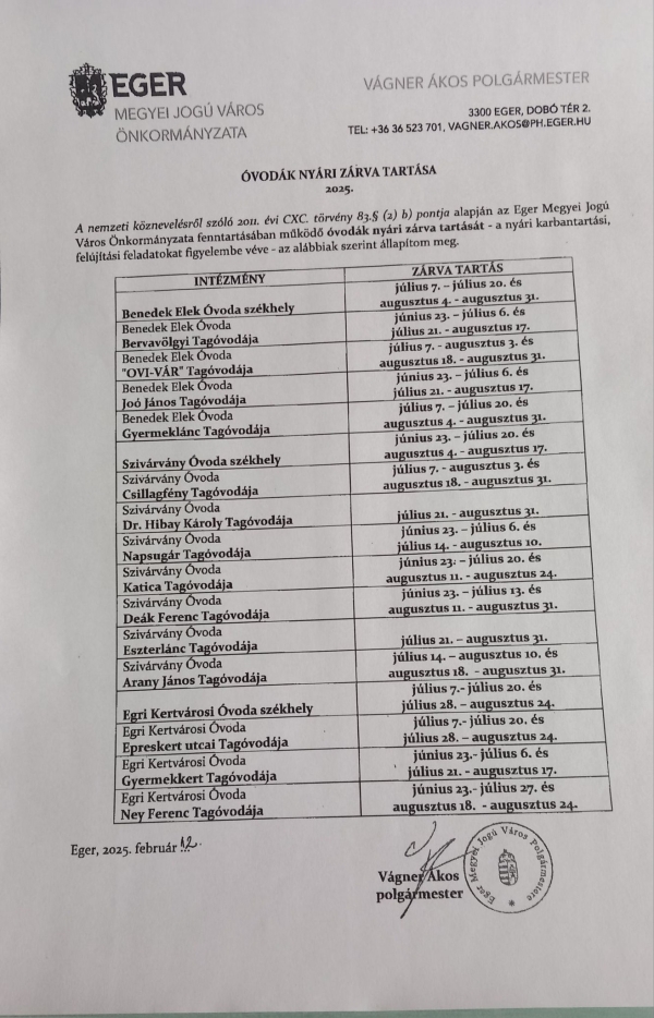 Nyári zárva tartás 